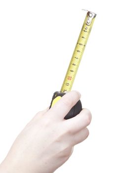 hand with a measurement folding rule isolated over a white background