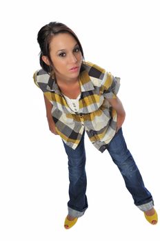 attractive young woman dressed casual in jeans and a bright shirt