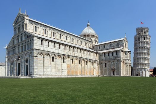 Photo of the Leaning Tower of Pisa in Pisa, Italy. No tourists are visible.
