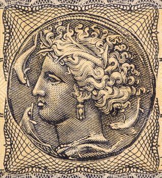 Arethusa on 5000000 Drachmai 1944 Banknote from Greece. Nereid nymph who became a fountain.