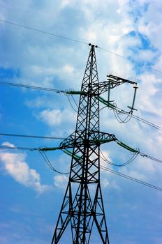 electric power lines on the blue sky