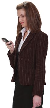 Image of a young woman checking her mobile phone,isolated against a white background.