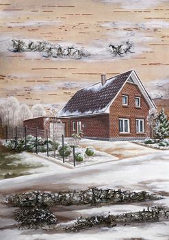 Picture, country house. Drawing distemper on a birch bark