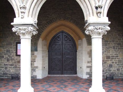 Church Front Doors and Stone Pillars