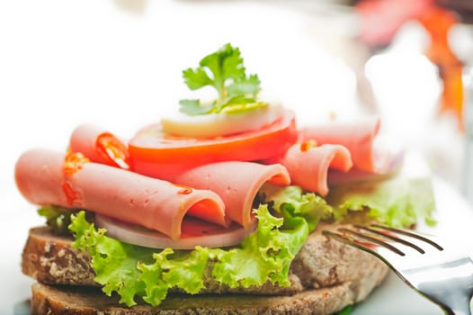 Brown bread with chili sausage slices green salad tomato and egg