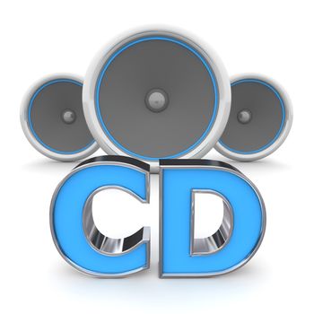 word CD with three speakers in background - blue style