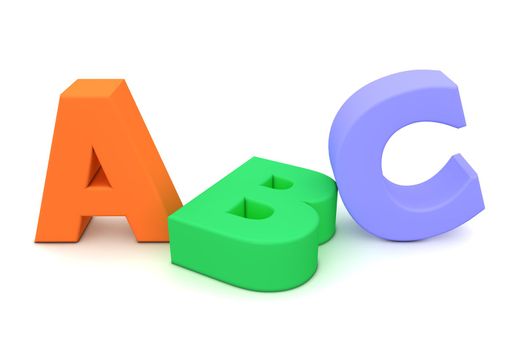 multicoloured bright plastic letters ABC on white background - standing, laying, leaning against