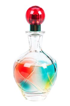 Colorful bottle with perfume over white background