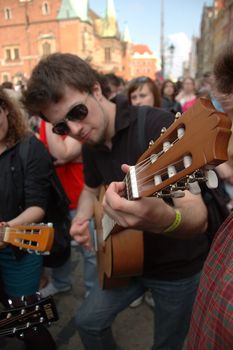 WROCLAW, POLAND - April 30: Guitars World Guinness Record, 5601 participants gather in front of Wroclaw's Town Hall on April 30, 2011 to beat guitar mass participation record.  