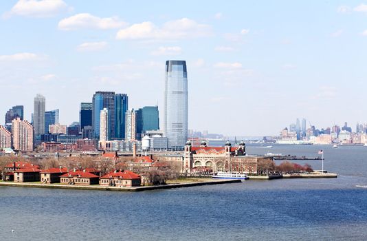 The Ellis Island and the office buildings in New Jersey