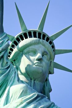 The closeup of the Statue of Liberty in New York Harbor