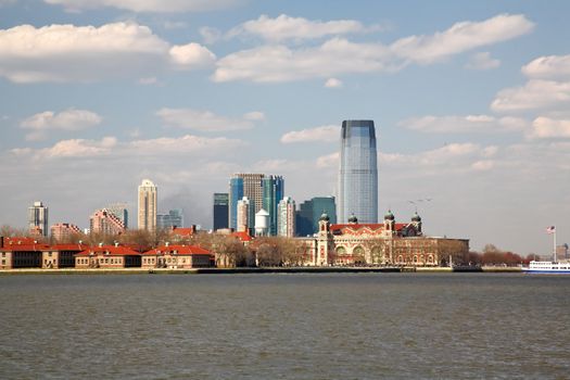 The Ellis Island and the office buildings in New Jersey