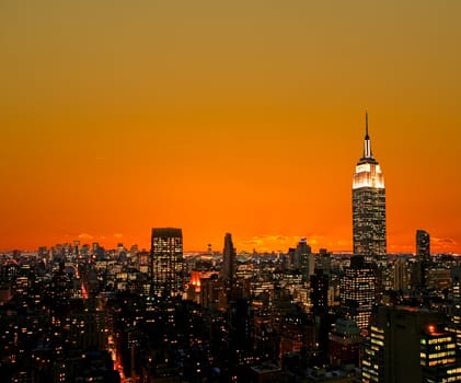 The New York City midtown skyline at sunrise