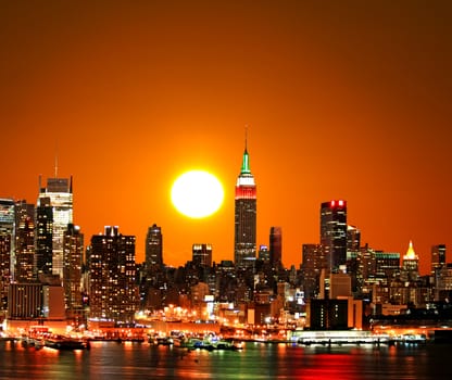 The New York City midtown skyline at sunrise