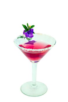 A purple cocktail with a deep purple flower.