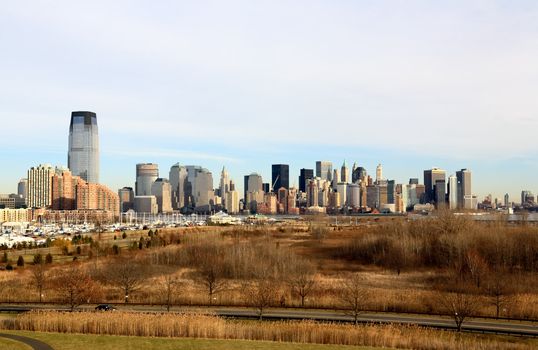 The Lower-Manhattan and the Liberty Park in a winter day