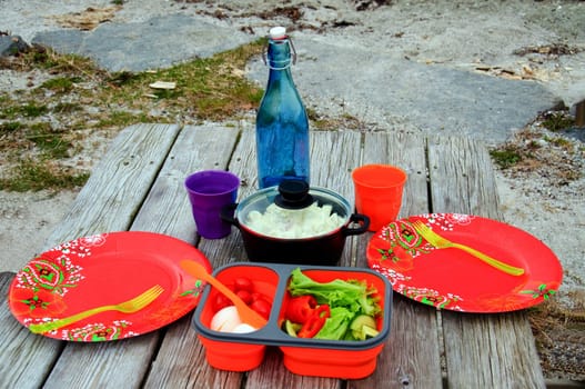 A picnic table with paper plates and salad