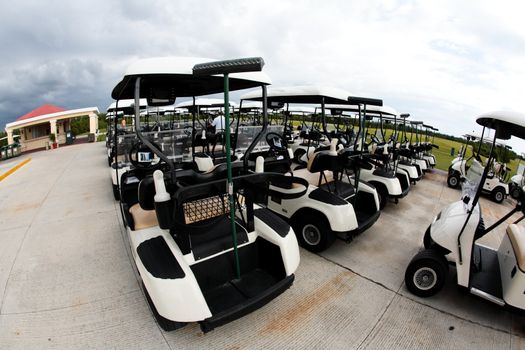golf carts in a Cancun resort, a fisheye view