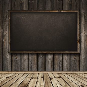 Photo of empty natural wooden interior with blackboard