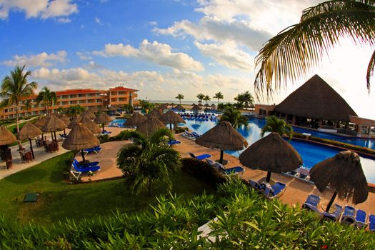 a luxury all inclusive beach resort at morning in Cancun Mexico