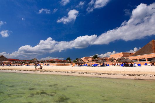 The beach front at a luxury beach resort in Cancun Mexico