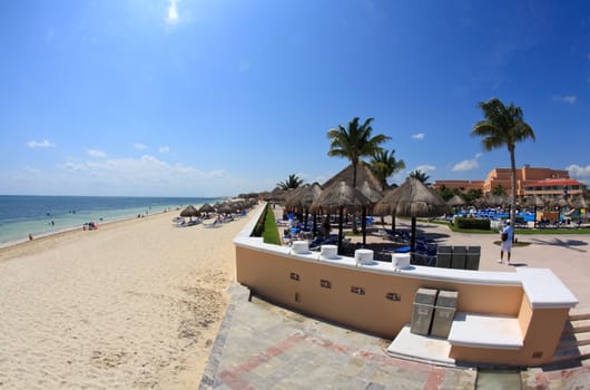 A fish-eye view of the beach front at a luxury beach resort in Cancun Mexico