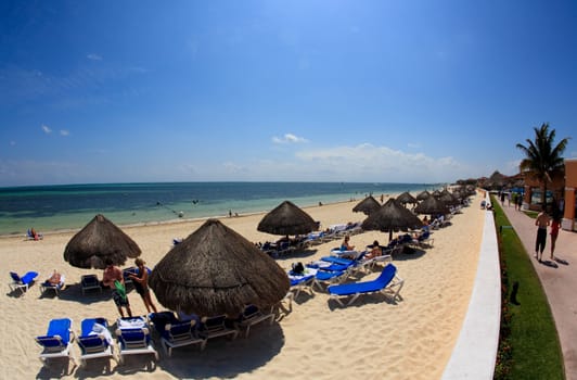 A fish-eye view of the beach front at a luxury beach resort in Cancun Mexico