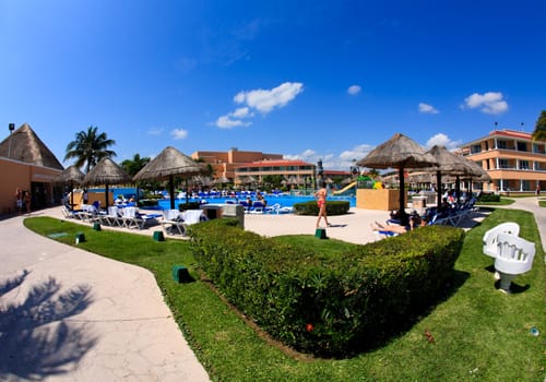 a fish-eye view of a luxury all inclusive beach resort in Cancun Mexico