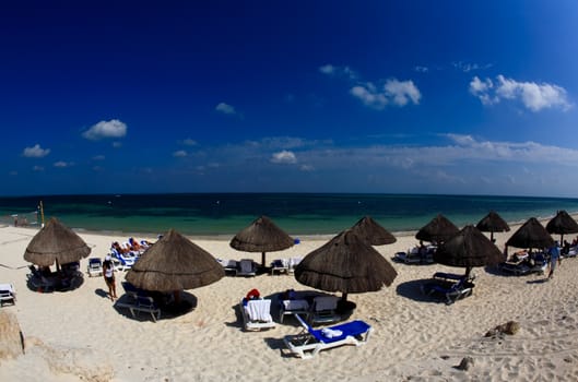 A fish-eye view of the beach front at a luxury beach resort in Cancun Mexico