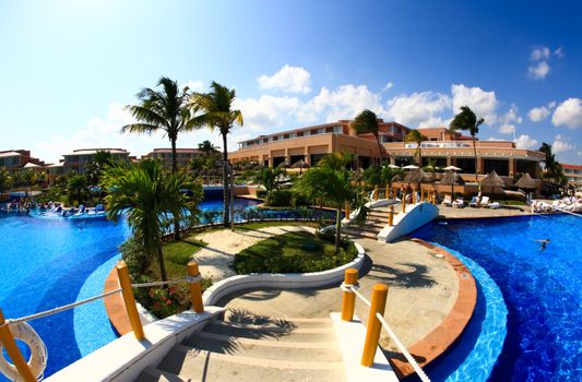 a fish-eye view of a luxury all inclusive beach resort in Cancun Mexico