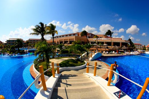 a fish-eye view of a luxury all inclusive beach resort in Cancun Mexico