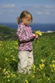 A young girl picking yellow flowers in the fields of the Maltese island Gozo