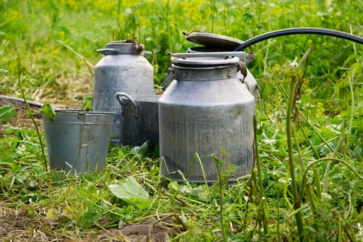 old water bucket and can on a pasture