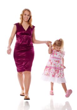 Mother and daughter smiling walking together isolated