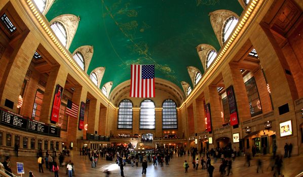 New York City, April 17, 2009: commuters and tourists flooded the grand central station during the Friday afternoon rushhour (a fisheye view)