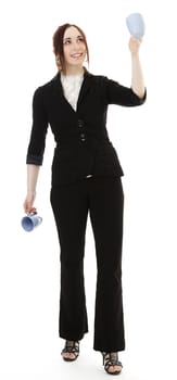 Young business woman juggling cup of coffee against white background