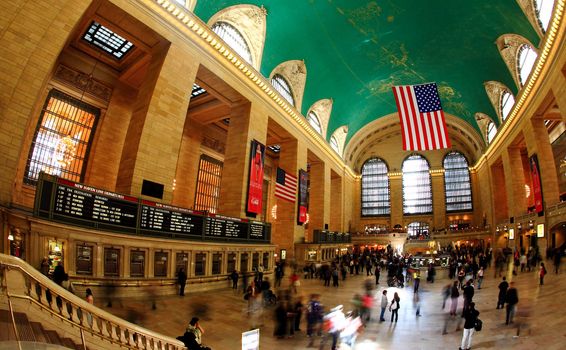 New York City, April 17, 2009: commuters and tourists flooded the grand central station during the Friday afternoon rushhour (a fisheye view)