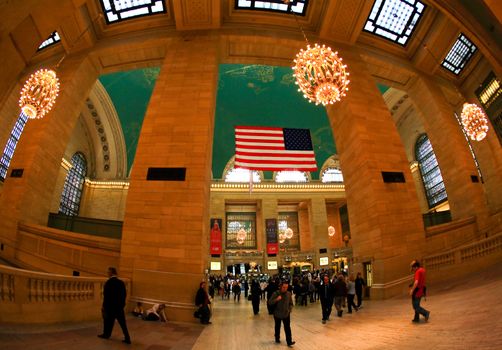 New York City, April 17, 2009: commuters and tourists flooded the grand central station during the Friday afternoon rushhour (a fisheye view)