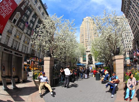 New York City, April 17,2009: The people enjoy sunny spring days at the Herald Square in midtown Manhattan.
