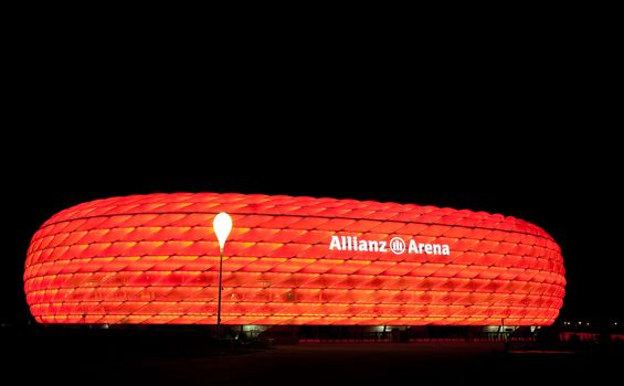 Munich, September 6, 2008, the colorful illumination of Allianz Arena, FIFA World Cup Stadium is the biggest membrane shell in the world, which is the official stadium for the 2006 World Cup, and has many nicknames ? UFO, rubber dinghy, lifebelt.