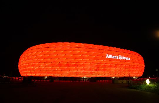 Munich, September 6, 2008, the colorful illumination of Allianz Arena, FIFA World Cup Stadium is the biggest membrane shell in the world, which is the official stadium for the 2006 World Cup, and has many nicknames ? UFO, rubber dinghy, lifebelt.