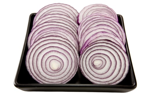 Picture of two sliced lines with onions on a black plate