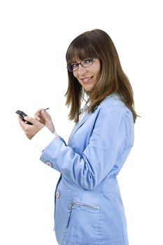 Beautiful business woman working with a PDA, isolated one white