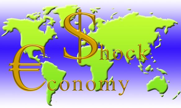 illustration of the world with words "shock economy"
