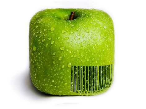A single green apple in the shape of a square isolated on white with water droplets on it. A generic (not real) barcode printed on the apple.