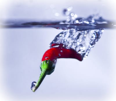 A red chilli splashing into water.