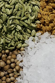 A selection of four spices - Salt, Corriander Seeds, Fenugreek Seeds & Fennel Seeds