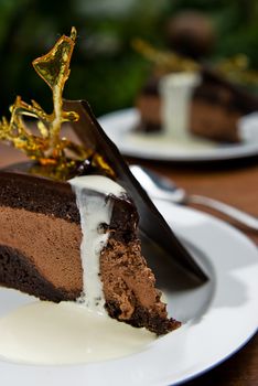 A delicious chocolate cake with fancy toffee, chocolate pieces and cream as garnish.