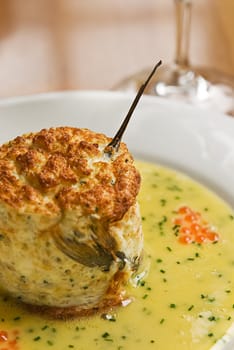 A beautiful fish souffle served in a restaurant.