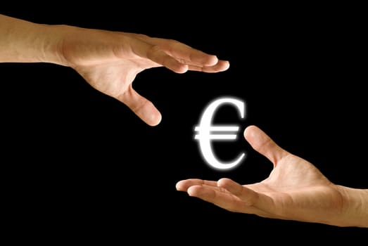 Seller hand take the Euro icon from the buyer hand , Concept